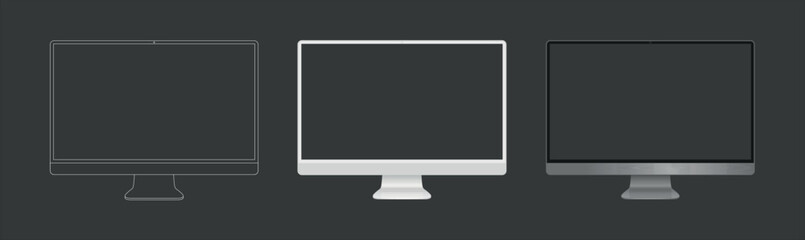 pc computer monitor mockup in clay, outline, and realistic style. Computer monitor mock up Isolated on Background. Vector illustration