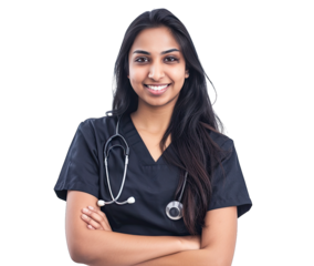 Portrait of smiling India female doctor wearing black scrubs and a stethoscope around her neck. The woman exudes confidence and professionalism