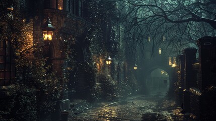 Fototapeta premium Rain falls gently on a dark alley with glowing street lamps, overgrown vines, eerie atmosphere, wet cobblestones, and shadows, perfect for halloween or gothic scenes