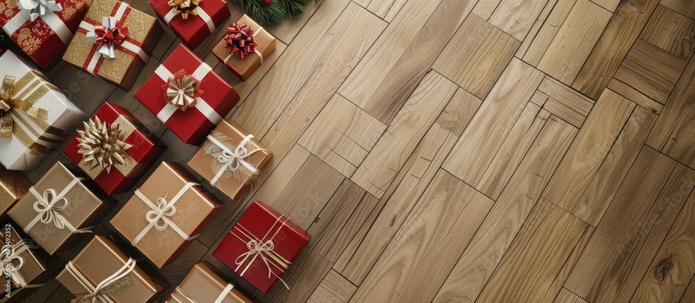 Poster Aerial perspective of festive gift boxes placed on the floor in a room with ample space for text or other content in the picture, known as a copy space image.