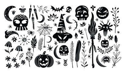 Set of isolated Halloween decoration elements in doodle hand-drawn graphic vector illustration on transparent background 3. Black silhouette style.