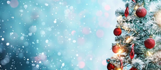 Festive Christmas banner with a winter-themed widescreen background featuring a decorated Christmas tree against a backdrop perfect for a copy space image.