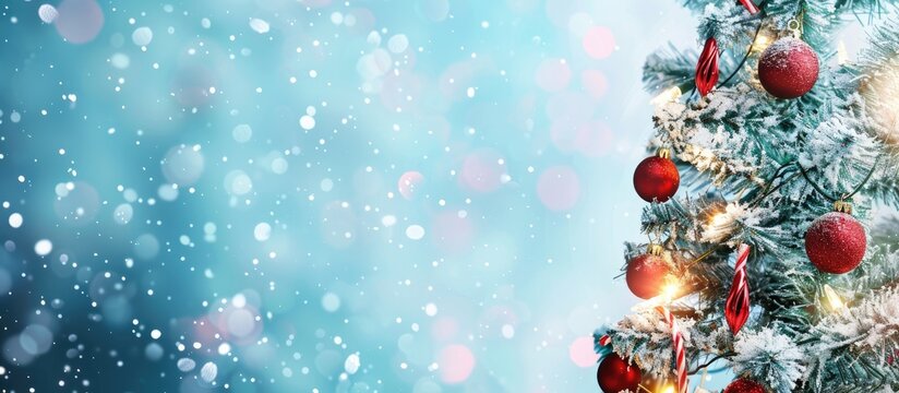Festive Christmas banner with a winter-themed widescreen background featuring a decorated Christmas tree against a backdrop perfect for a copy space image.