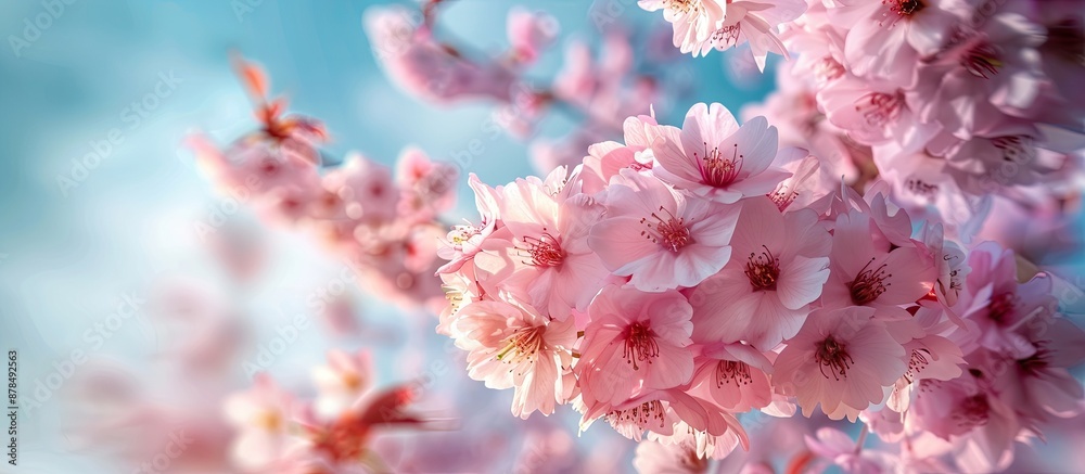 Poster cherry blossom sakura tree in full bloom against a blue sky, creating a lovely floral background wit