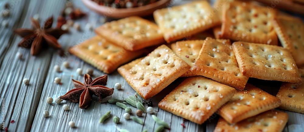 Poster Crackers with spices displayed on a gray wooden surface, ideal for a copy space image.