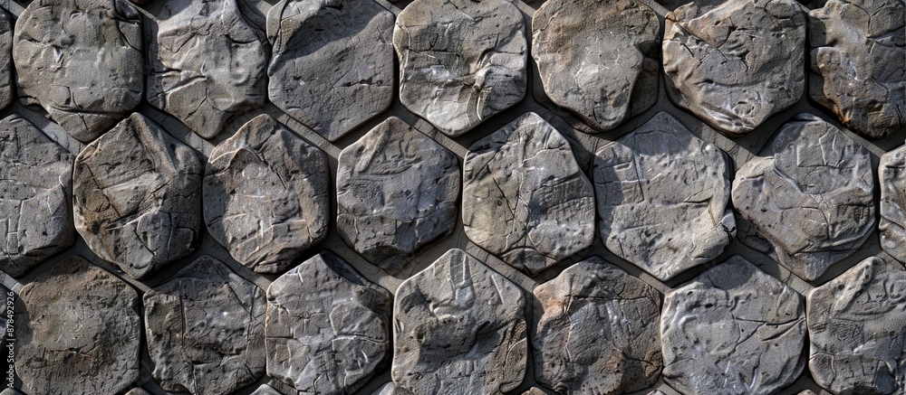 Poster Detailed shot of a stone wall with hexagonal patterns, suitable for copy space image.