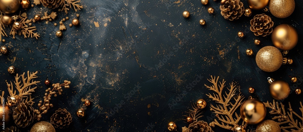 Poster festive christmas frame featuring golden decorations and baubles on a dark background, top view with