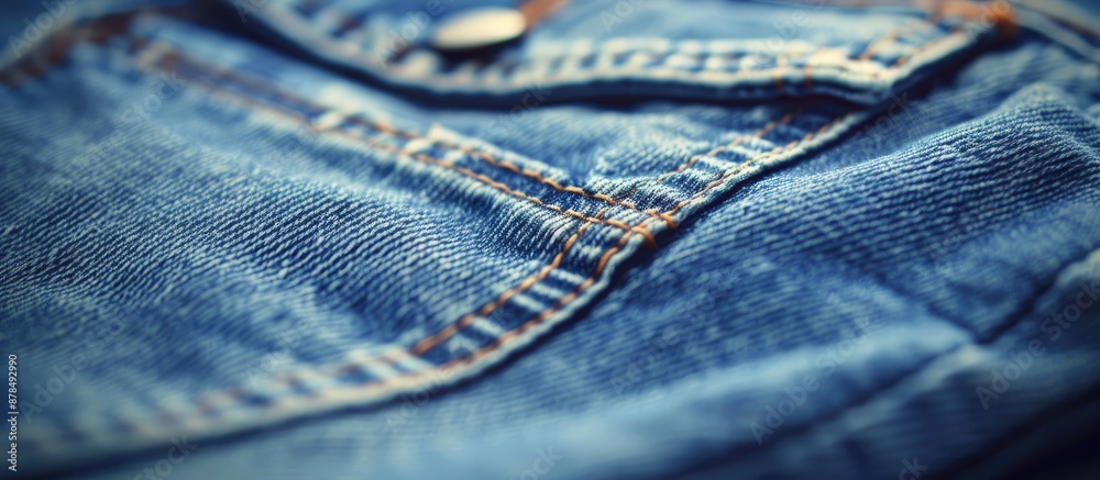 Poster close-up image of blue jeans background with a focus on the pocket and label, creating a fashion-the