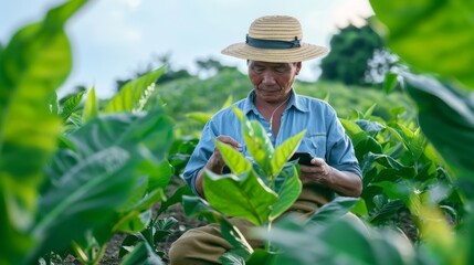 Farmer Using Smartphone in Tobacco Field