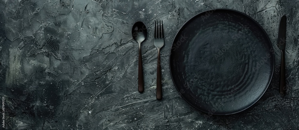 Aufkleber dark textured concrete background showcases an empty ceramic round plate with cutlery, an inviting c