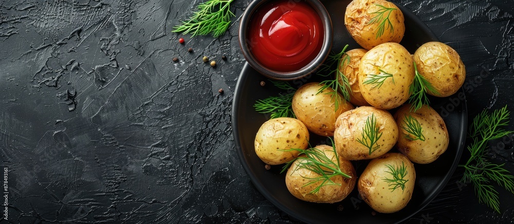 Aufkleber boiled potatoes adorned with dill and ketchup presented in a top view, flat lay composition with a b