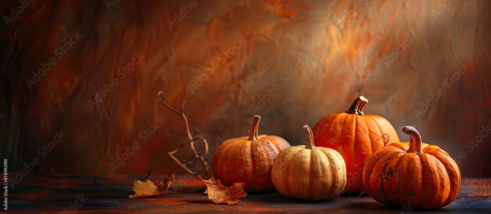 Poster autumn ambiance with pumpkins in orange and beige hues set against a dark backdrop in a horizontal c