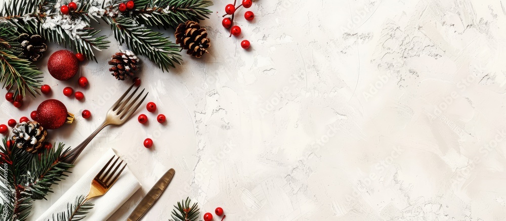 Poster christmas table setting with cutlery, napkin, and copy space image on a light background.