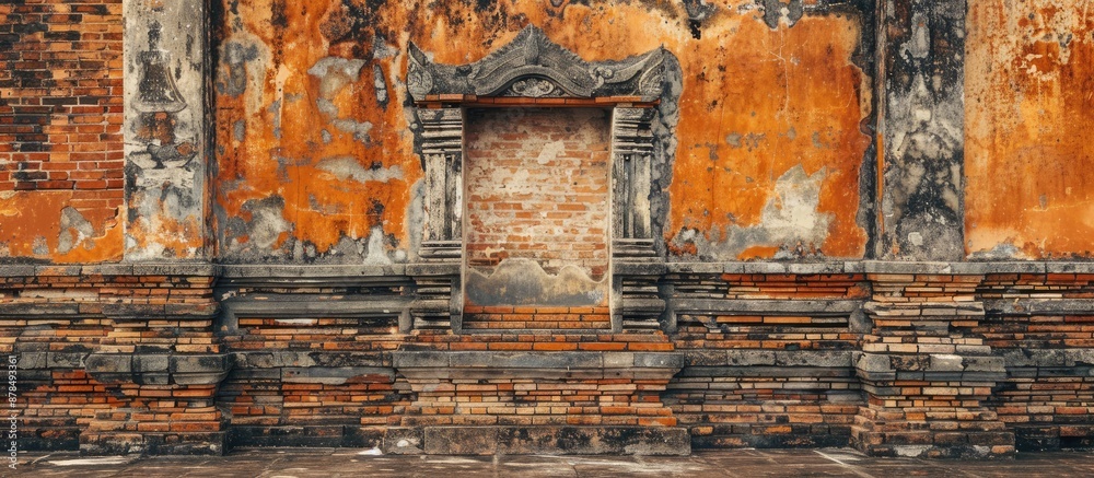 Aufkleber an ancient temple's weathered orange brick wall provides a backdrop for design with copy space image