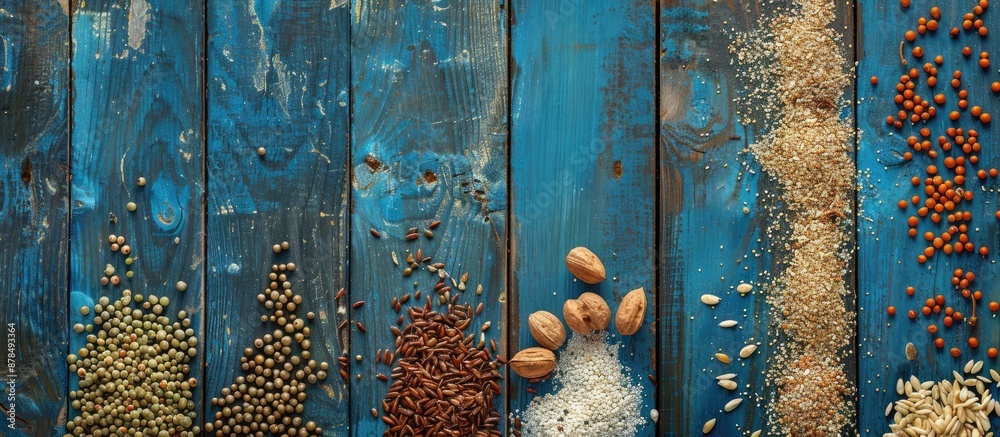 Poster assorted grains on blue wooden backdrop, top view with copy space image.