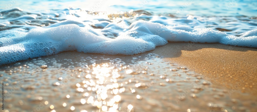Poster close-up view of a sea wave, highlighting white foam on a golden sandy beach by the blue ocean; idea