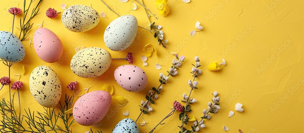 Aufkleber Flat lay Easter background featuring assorted eggs on a yellow backdrop adorned with botanical details; top-down perspective showcasing a copy space image.