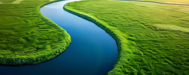 Aerial view of a winding river flowing through lush green fields, showcasing the beauty of nature's landscape. © Anatthaphon