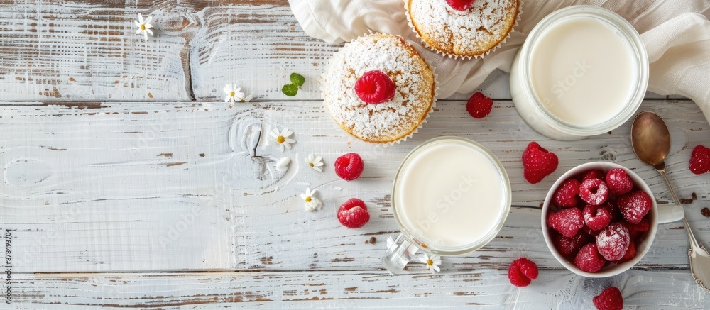 Poster breakfast scene with milk, cake on white wood. healthy food setting. ideal for text placement with c