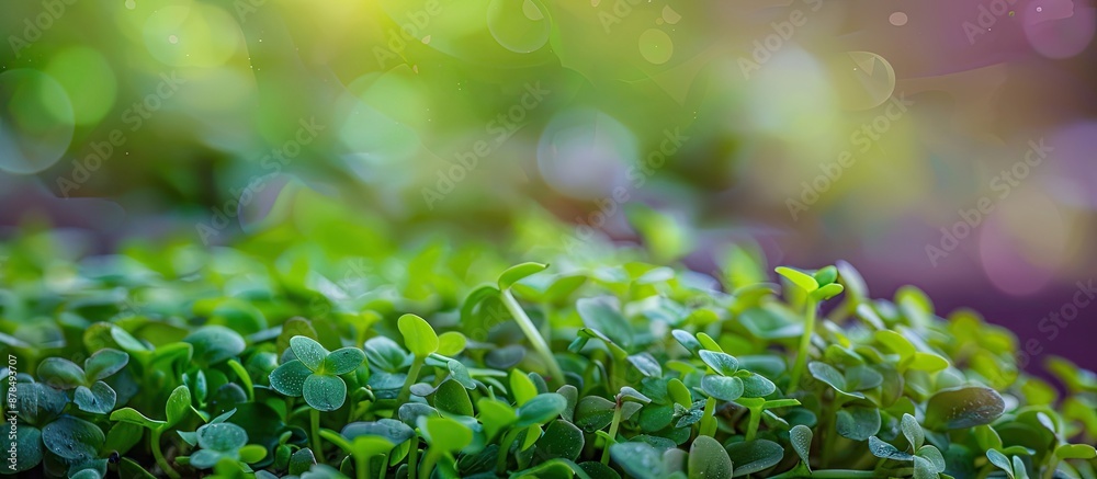 Poster close-up shot of a vibrant microgreen on a colorful backdrop, with copy space image.