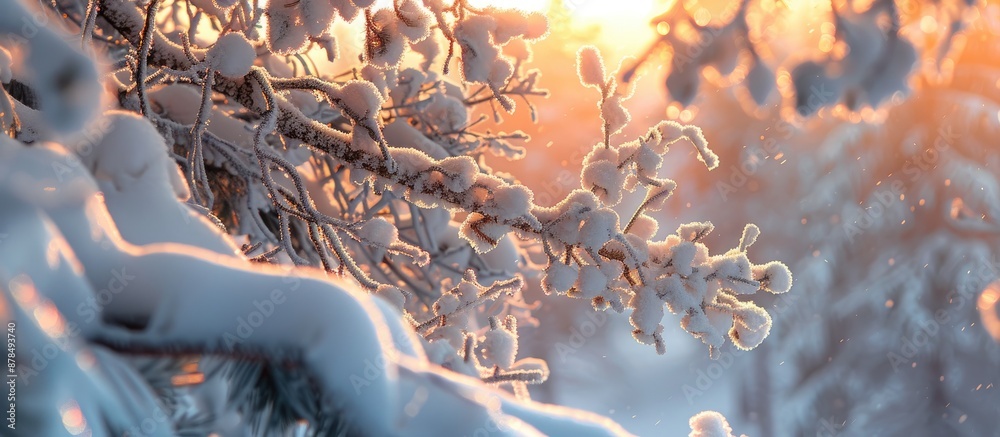 Poster close-up image of snow-covered tree branches during a winter storm at sunset with frost and sunlight
