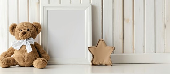 Baby toys in a festive atmosphere with a white frame for designs in a baby shower setting with copy space image opportunity.