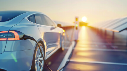 Obraz premium Electric car charging at a charging station during sunset, representing sustainable and eco-friendly transportation solutions.