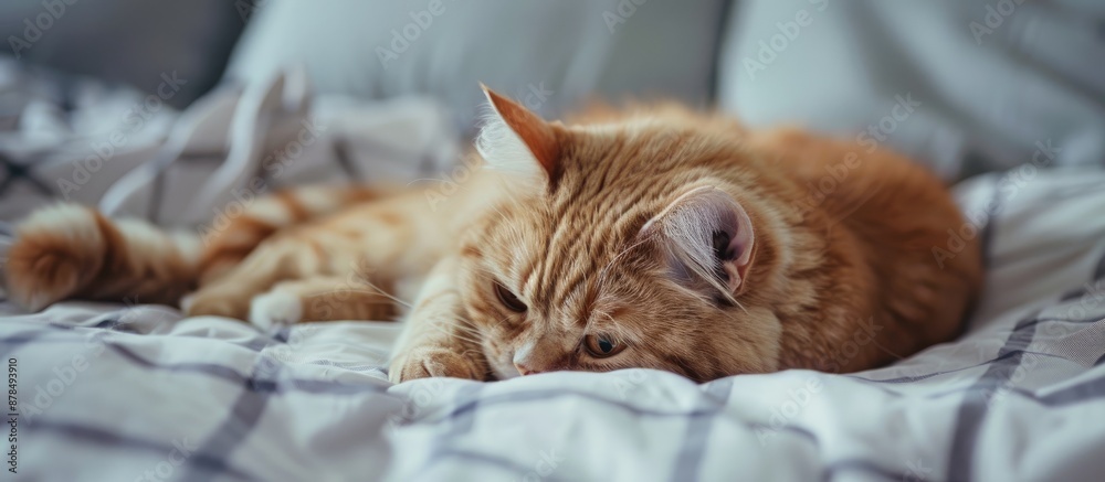 Poster cat grooming on bed with copy space image, reflecting sadness in scottish straight breed, highlighti