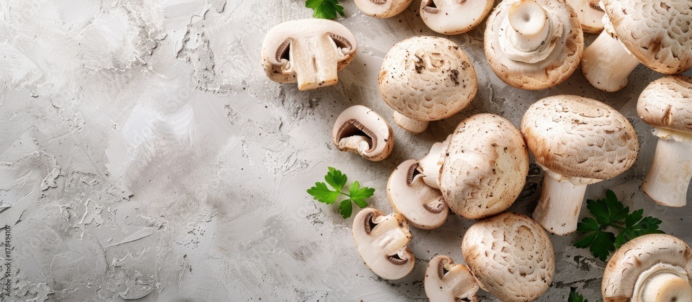 Poster Champignon mushrooms displayed on a table with ample copy space image.