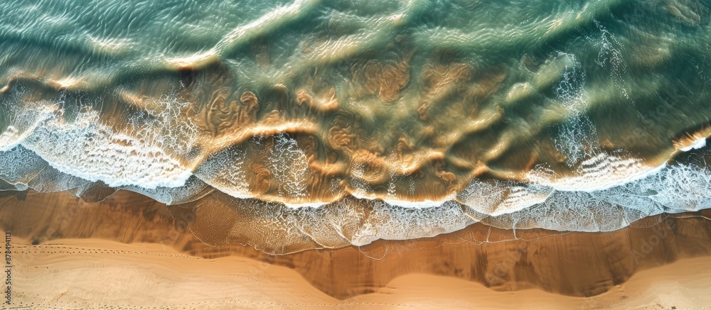 Poster Aerial view of a sandy beach with undulating patterns. Ideal summer backdrop with plenty of copy space image.