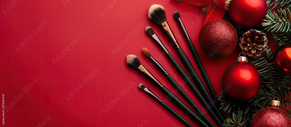 Poster Christmas party makeup concept with a set of makeup brushes and Christmas ornaments on a red background in a top view copy space image, featuring professional makeup tools.