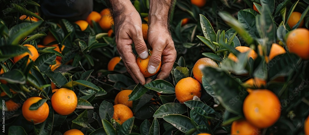 Poster Detailed image showing a gardener's hand inspecting the quality of an orange in an orange field garden, with abundant space for writing. image with copy space