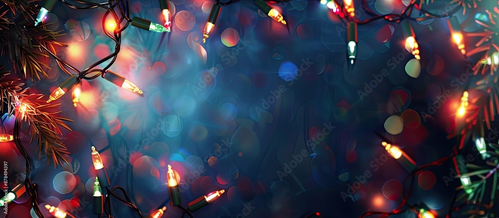 Poster christmas lights surround a dark backdrop, creating a festive ambiance for showcasing text, suitable