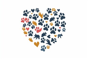 Animal Love Paw Print Heart Illustration, heart made of various paw prints and animal silhouettes, symbolizing love, pets, and animal care.