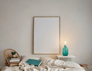 Empty photo frame, display, art, mock up 3D home interior design with minimalistic layout. Clean and crisp, gold, turquoise