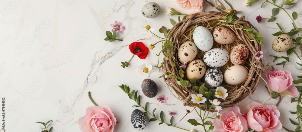 Poster flat lay easter concept featuring a colorful food pattern with eggs, pink flowers, a wicker basket h