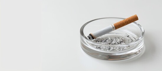 Close-up slightly blurred shot of a transparent ashtray or cigarette holder on a white background with copy space image.