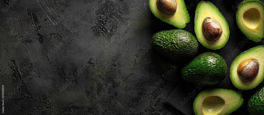 Poster Close-up of avocados with copy space image on a dark studio background.