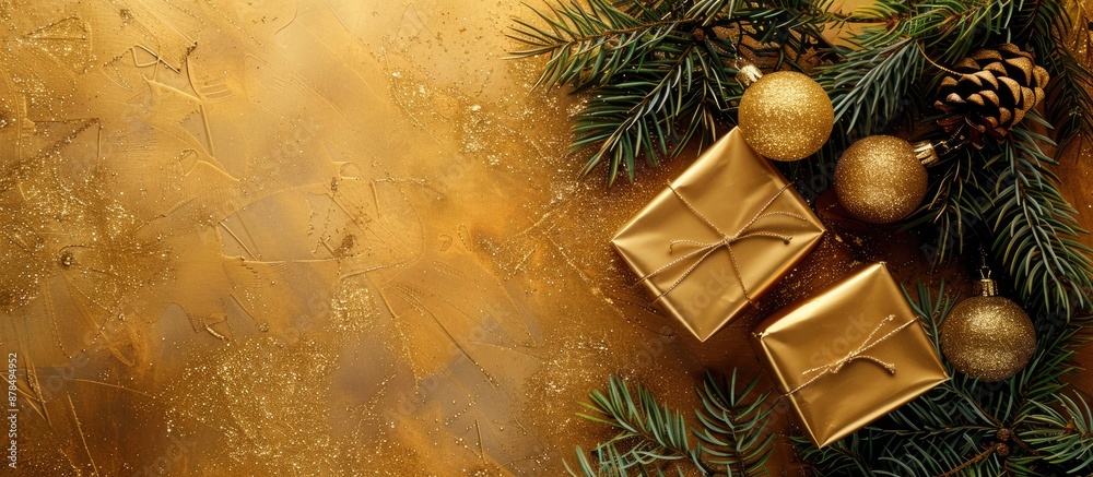 Poster an arrangement with a christmas gift box, a fir tree branch, and a gold background is presented, fea