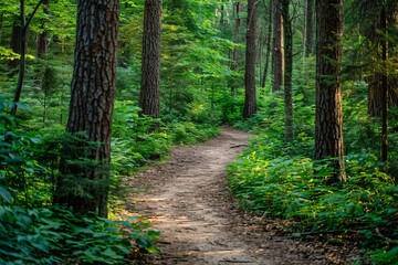 Fototapeta premium A serene forest path bathed in sunlight, surrounded by tall trees and lush green foliage.
