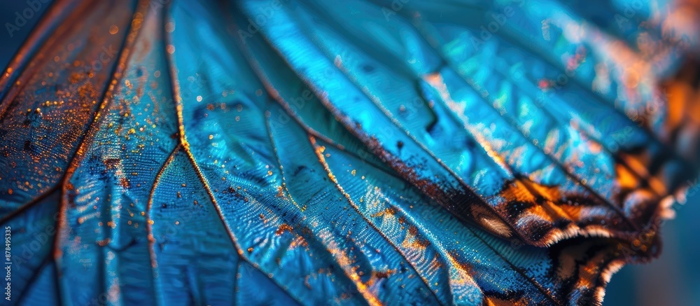 Poster Close-up image of Ulysses butterfly wings with a unique texture creating a background suitable for copy space with a selective focus.