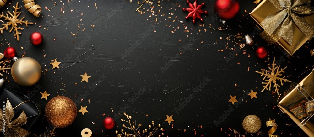 Poster black background adorned with new year decorations, illustrating the festive spirit with ample copy 