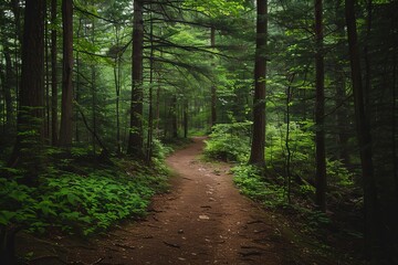 Fototapeta premium A serene forest path bathed in sunlight, surrounded by tall trees and lush green foliage.
