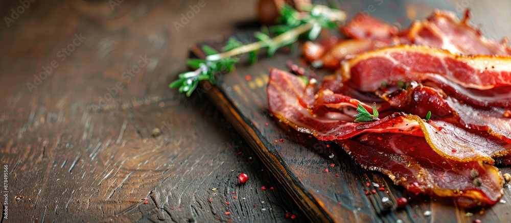 Aufkleber Bacon slice on a rustic table as a food background with copy space image, suitable for eating or cooking as an appetizer or meal.