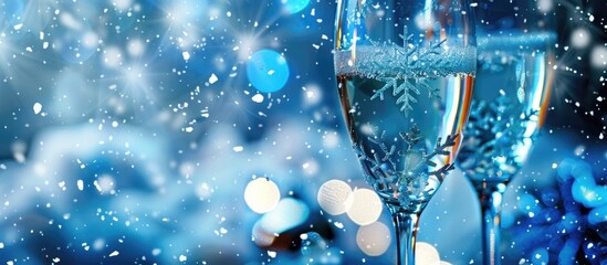Christmas card template featuring wine glasses adorned with shiny snowflakes in a blue color scheme, emphasizing selective focus on the image with space for text. image with copy space