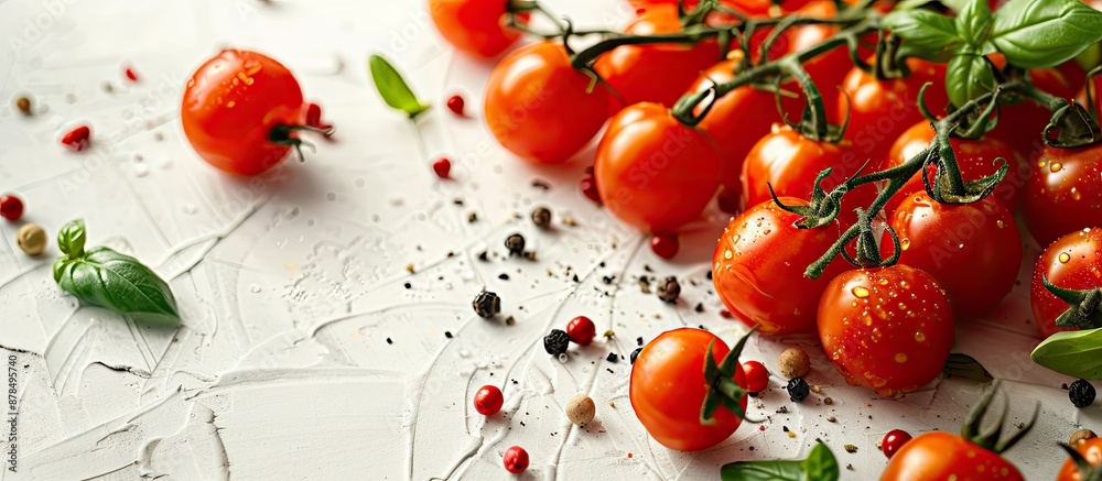 Poster Cherry tomatoes and other ingredients arranged on a food background for a menu concept with copy space image.