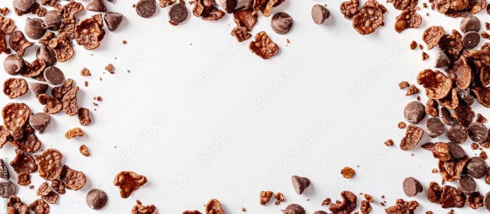 Poster chocolate corn flakes frame on a white background with copy space image.