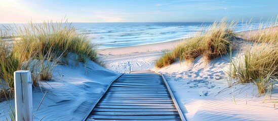 An idyllic seascape featuring a wooden pathway leading to the Baltic sea against a backdrop of sand dunes, plants, and a clear blue evening sky, ideal for nature enthusiasts and ecotourism with a