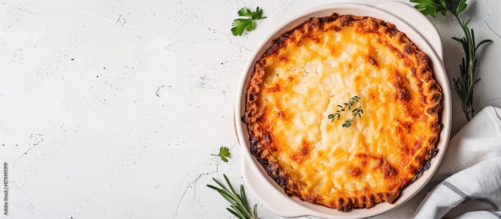 Aufkleber An overhead view of a classic shepherd's pie on a white backdrop showcasing rustic elements, emphasizing English culinary traditions with copy space image.
