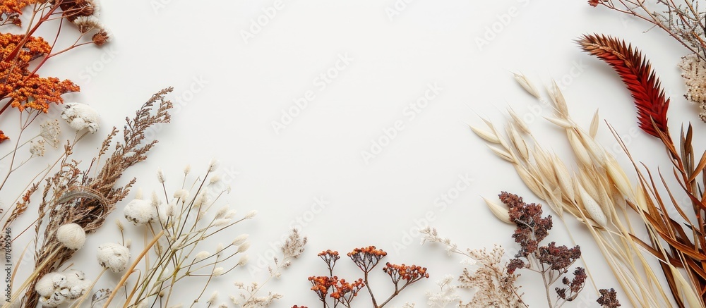 Poster dried flowers, spikelets, and twigs arranged on a light background with copy space image, top view, 